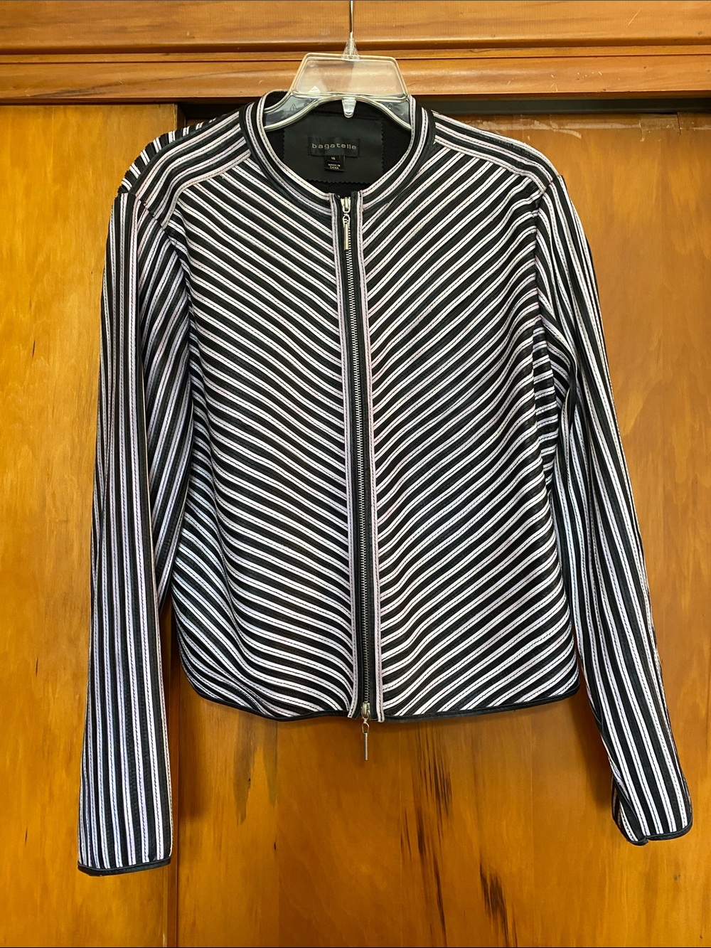 VTG bagatelle Black White Striped Leather Zip Moto Jacket 2 Way Zipper Vintage